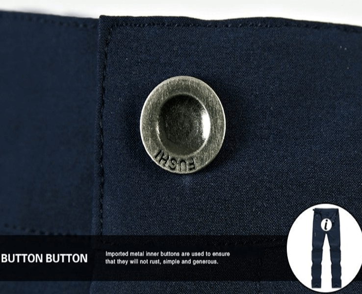 Close-up of metal button on waterproof quick dry women's pants, showcasing durable design and rust-resistant feature.